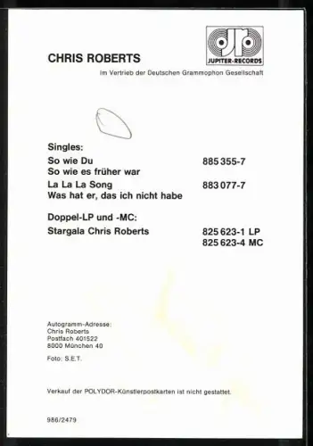 AK Musiker Chris Roberts in grüner Jacke, Autograph