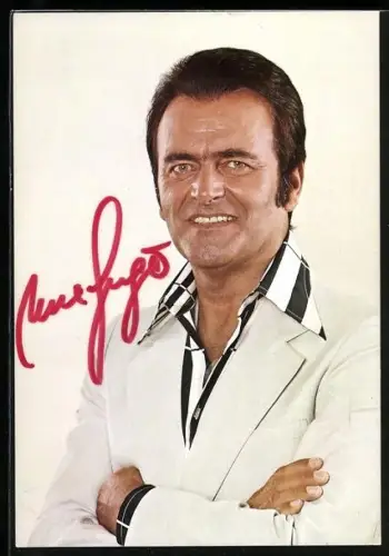 AK Musiker Max Greger in gestreiftem Hemd, Autograph