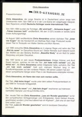 AK Musiker Chris Alexandros im Wintermantel, Autograph