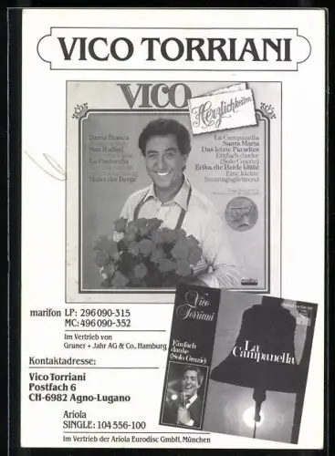 AK Musiker Vico Torriani mit einem Rosenstrauss, Autograph