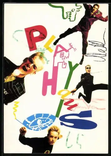 AK Musikergruppe Playhaus mit buntem Schriftzug, Autograph