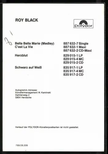 AK Musiker Roy Black in Lederjacke, Autograph