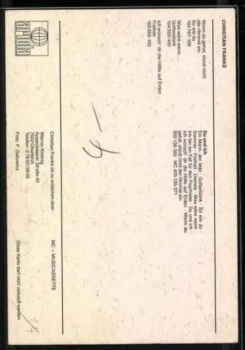 AK Musiker Christian Franke in Lederjacke, Autograph