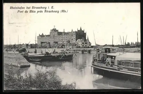 AK Strassburg i. E., Schiffe im Rheinhafen