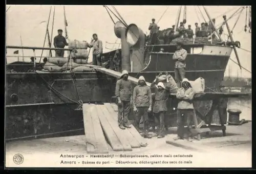 AK Anvers, Scènes du port, Débardeurs, déchargeant des sacs de mais