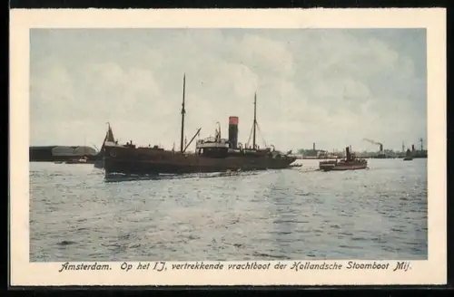 AK Amsterdam, Op het IJ, vertrekkende vrachtboot der Hollandsche Stoomboot Mij