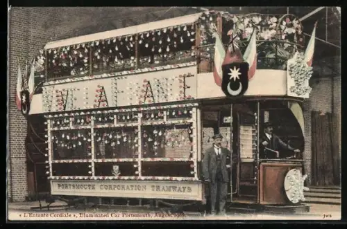 AK Portsmouth, L`Entente Cordiale, Illuminated Car, Portsmouth Corporation Tramways, Strassenbahn