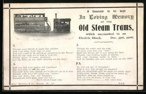 AK Birmingham, In Loving Memory of the Old Stream Trains which succumbed to an Electric Shock, 1906, Strassenbahn