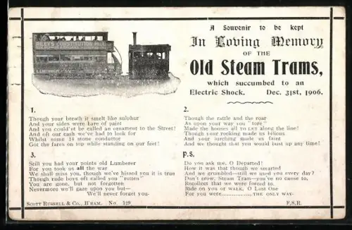 AK Birmingham, Memory of the old steam trams which succumbed to an electric shock, Dec. 31st, 1906, Strassenbahn