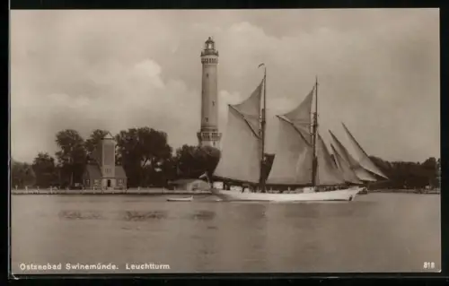 AK Swinemünde, Blick zum Leuchtturm, Segelschiff