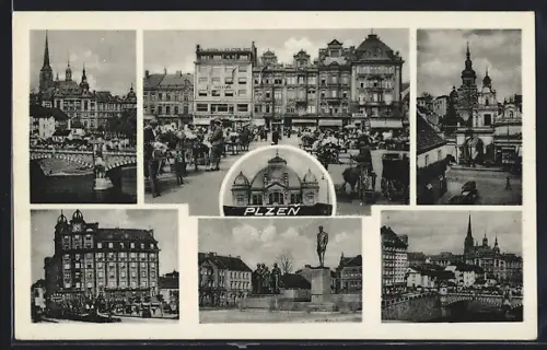AK Plzen, Marktszene, Fluss und Brücke, Denkmal, verschiedene Ortsansichten