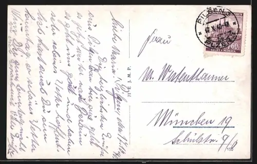 AK Plzen, Marktszene, Fluss und Brücke, Denkmal, verschiedene Ortsansichten