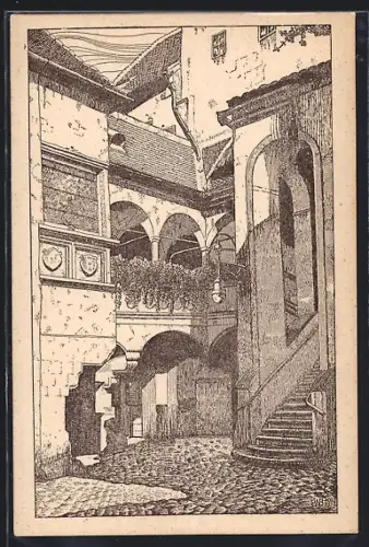 Künstler-AK Brünn / Brno, Blick auf den Rathaushof