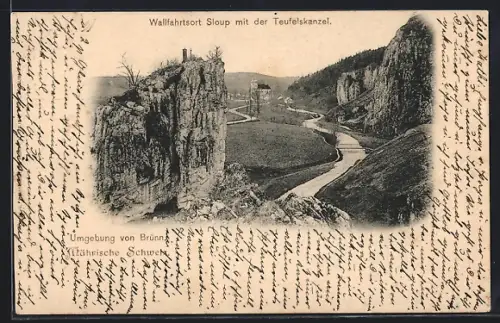 AK Sloup, Ortsansicht mit Teufelskanzel aus der Vogelschau