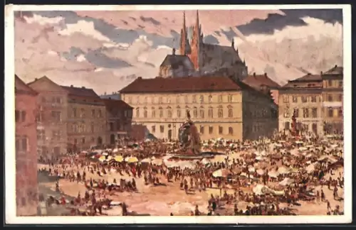 Künstler-AK Brünn, Krautmarkt am Markttag aus der Vogelschau