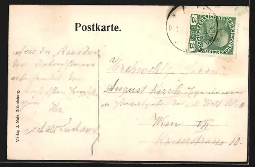 AK Nikolsburg, Totalansicht mit Burg, von oben gesehen