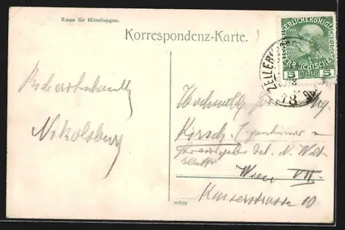 AK Nikolsburg, Teilansicht mit Burg aus der Vogelschau