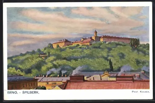 Künstler-AK Brünn / Brno, Pohled s Hotelu avion na Spilberk