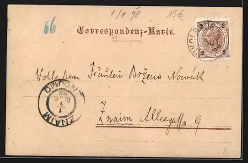 AK Nikolsburg, Totalansicht aus der Vogelschau, mit Burg