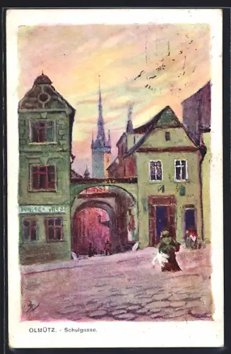 AK Olmütz, Schulgasse mit Passanten