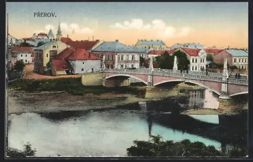 AK Prerov, Ortspanorama mit Brücke aus der Vogelschau