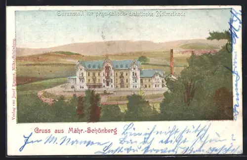 Künstler-AK Mähr. Schönberg, Curanstalt für physikalisch-diätetische Heilmethode aus der Vogelschau