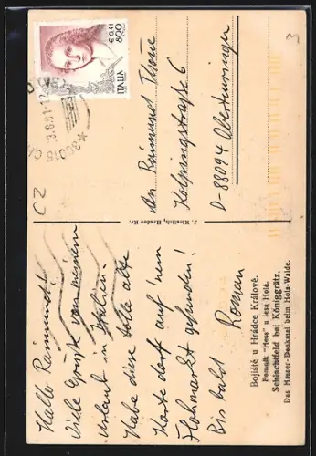 AK Königgrätz, Schlachtfeld, Hesser-Denkmal beim Holz-Walde