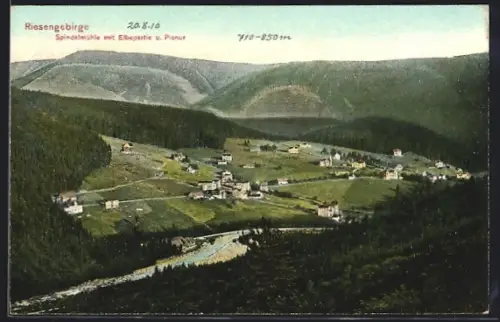 AK Spindelmühle /Riesengebirge, Ortsansicht mit Elbepartie und Planur