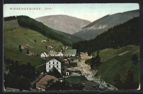 AK Petzer /Riesengebirge, Ortsansicht mit Gasthof Petzer aus der Vogelschau
