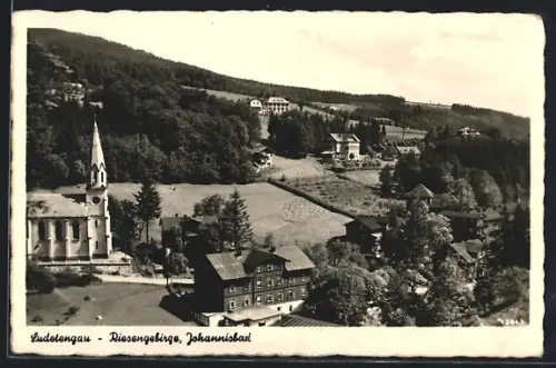 AK Johannisbad /Riesengebirge, Teilansicht mit Kirche aus der Vogelschau