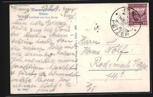 AK Petzer /Riesengebirge, Totalansicht im Winter aus der Vogelschau