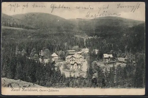 AK Karlsbrunn /Oester.-Schlesien, Ortsansicht aus der Vogelschau