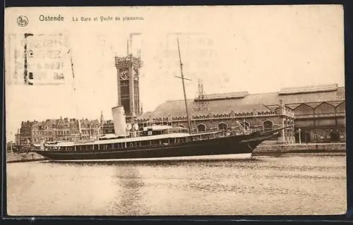 AK Ostende, La Gare et Yacht de plaisance