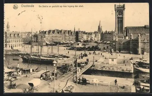 AK Ostende, La Station et Panorama de l`entrée de la ville, Ortspartie am Bahnhof mit Segelschiffen am Kai und Brücke