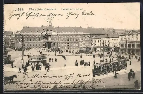 AK Liège, Place Saint-Lambert, Palais, Strassenbahn