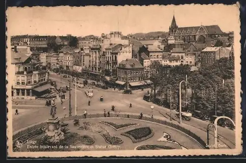 AK Liége, Entrée boulevard de la Sauvenière et Statue Grétry