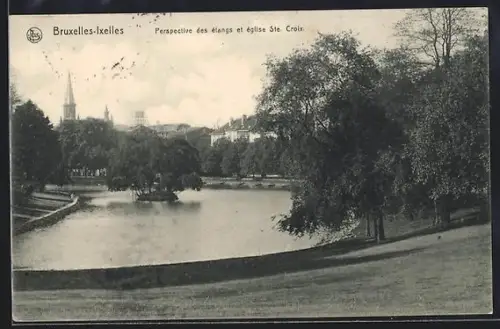 AK Bruxelles-Ixelles, Perspective des étangs et église Ste. Croix