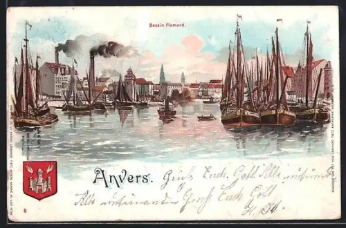 Lithographie Anvers, Bassin Flamand, Stadt-Wappen