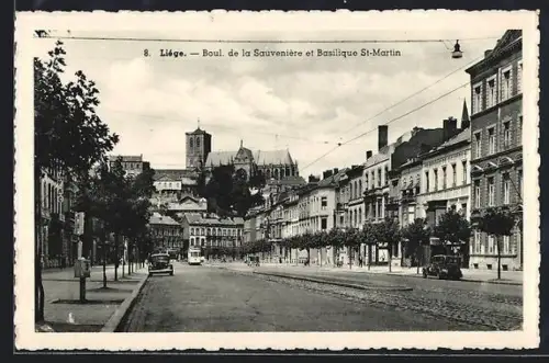 AK Liege, Boulevard de la Sauveniere et Basilique St-Martin, Strassenbahn