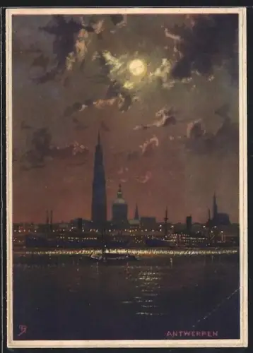 Künstler-AK Antwerpen, Uferpartie bei Mondschein