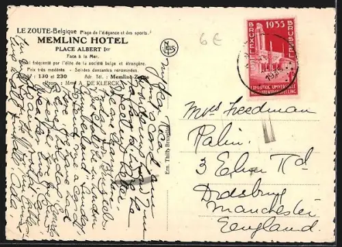 AK Le Zoute, Plage de l`élégance des sports, Memlinc Hotel, Place Albert Ier