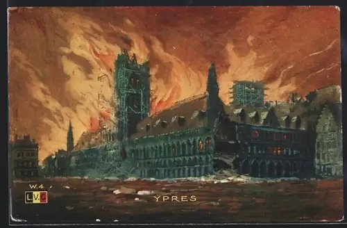 Künstler-AK Ypres, Brennendes Gebäude