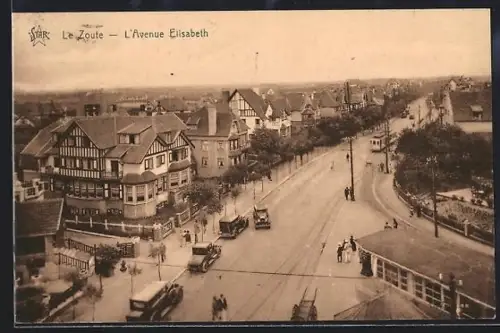 AK Le Zoute, L`Avenue Elisabeth, Strassenbahn