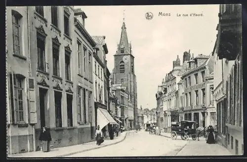 AK Mons, La rue d`Havré, Strassenpartie