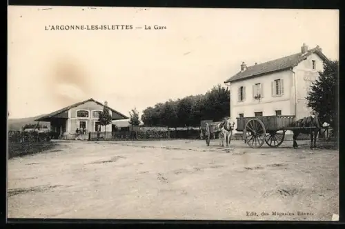 AK L`Argonne-les-Islettes, La Gare avec chariots et chevaux devant la station
