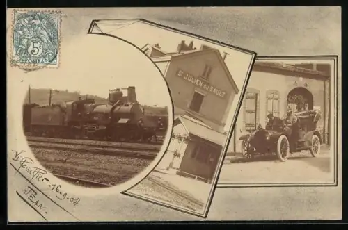 AK Saint-Julien-du-Sault, Locomotive à vapeur, gare et automobile ancienne