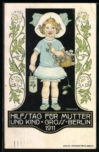 Künstler-AK Berlin, Hilfstag für Mutter und Kind 1911, Mädchen mit eine Korb voller Margeriten