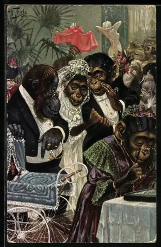 Künstler-AK Arthur Thiele: Affen in edler Kleidung bei einer Festlichkeit