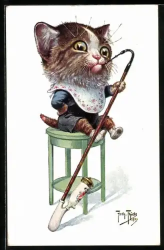Künstler-AK Arthur Thiele: Vermenschlichte Katze raucht Pfeife