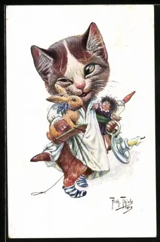 Künstler-AK Arthur Thiele: Kleine Katze im Nachthemd mit Spielzeughasen und Puppe